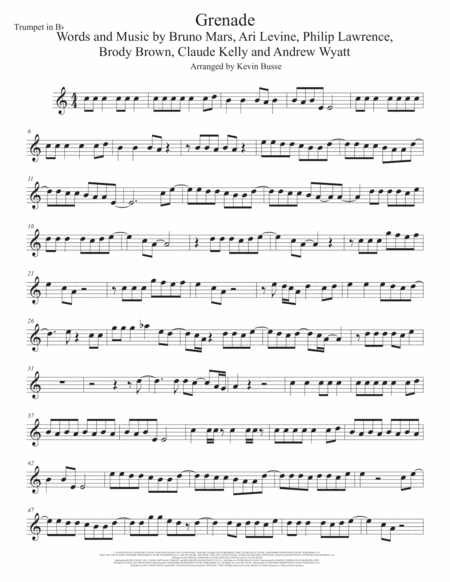 Grenade Easy Key Of C Trumpet Sheet Music