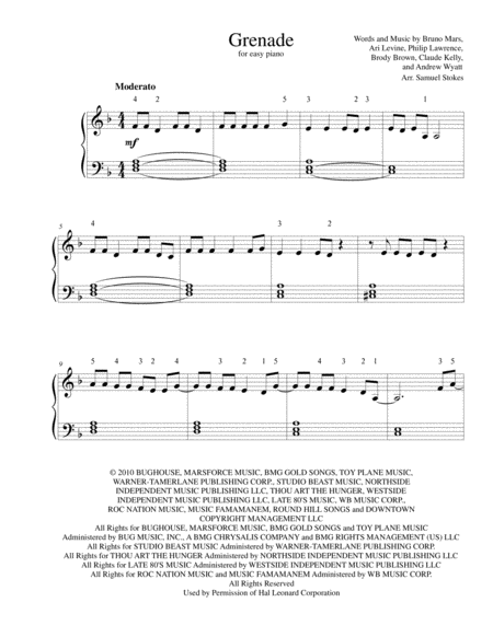 Free Sheet Music Grenade For Easy Piano