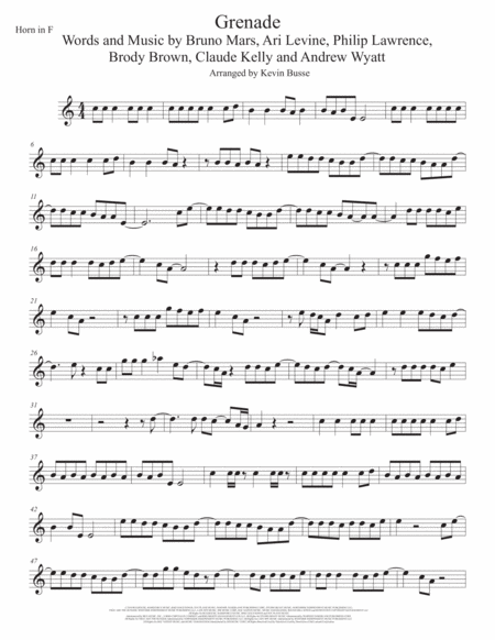 Free Sheet Music Grenade Original Key Horn In F