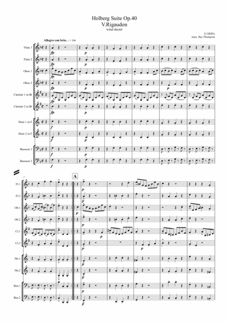 Grieg Holberg Suite Op 40 Mvt V Rigaudon Wind Dectet Sheet Music