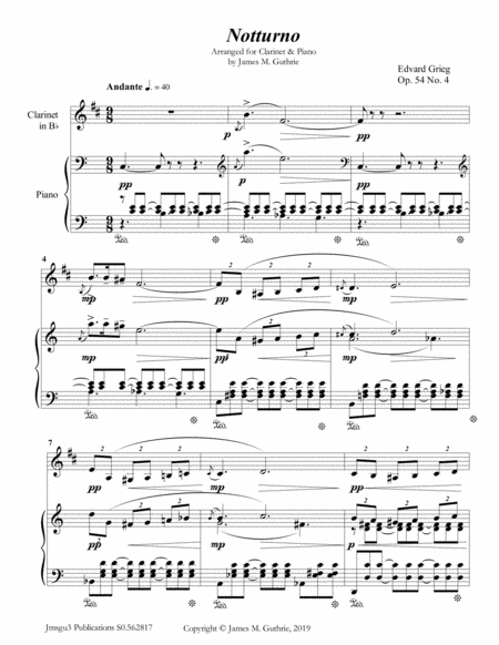 Grieg Notturno Op 54 No 4 For Clarinet Piano Sheet Music