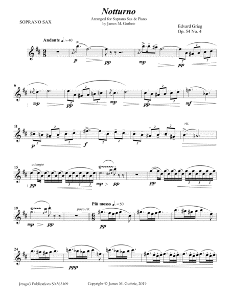 Grieg Notturno Op 54 No 4 For Soprano Sax Piano Sheet Music