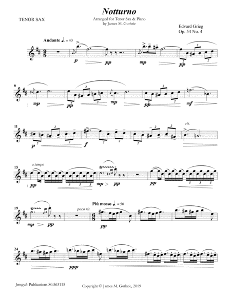 Grieg Notturno Op 54 No 4 For Tenor Sax Piano Sheet Music