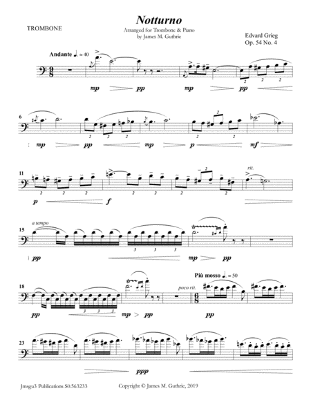 Free Sheet Music Grieg Notturno Op 54 No 4 For Trombone Piano