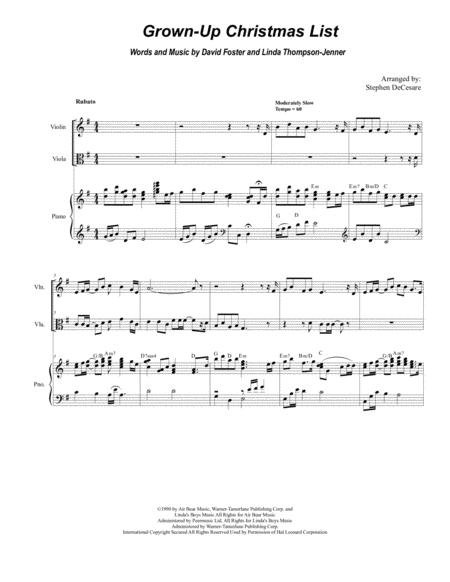 Grown Up Christmas List Duet For Violin And Viola Alternate Version Sheet Music