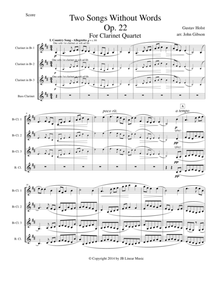 Gustav Holst Two Songs Without Words Set For Clarinet Quartet Sheet Music