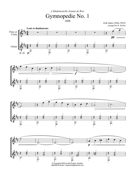 Gymnopedie No 1 For Flute Or Violin And Guitar D Major Sheet Music