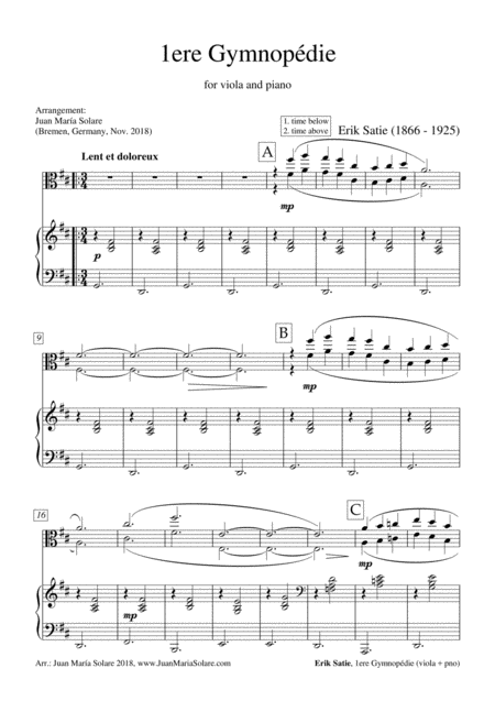 Gymnopedie No 1 Viola Piano Sheet Music