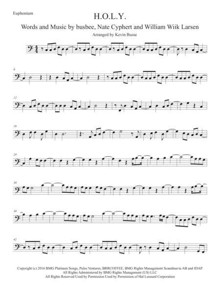 Free Sheet Music H O L Y Easy Key Of C Euphonium