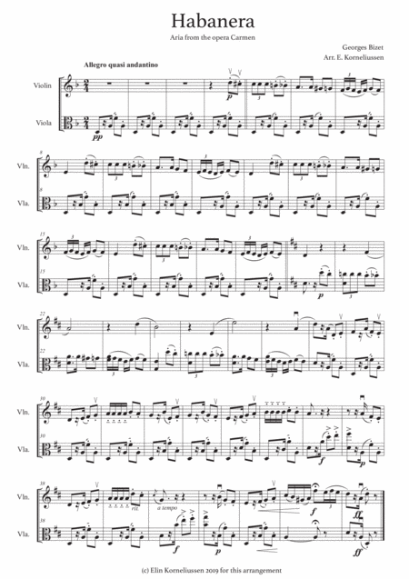Free Sheet Music Habanera From Carmen For String Duet Violin And Viola