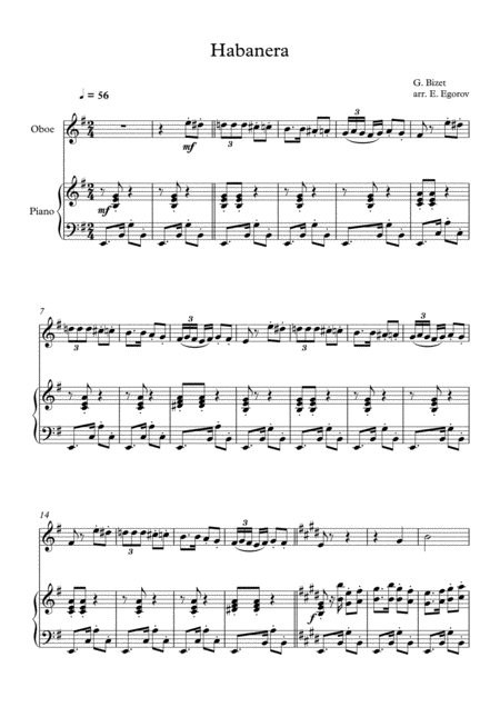 Habanera Georges Bizet For Oboe Piano Sheet Music