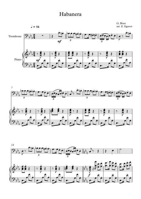 Free Sheet Music Habanera Georges Bizet For Trombone Piano