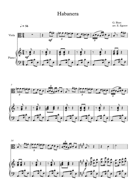 Free Sheet Music Habanera Georges Bizet For Viola Piano