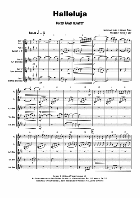 Halleluja Sophisticated Arrangement Of Cohens Classic Mixed Wind Quintet Sheet Music