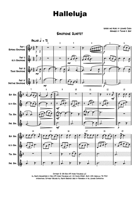 Free Sheet Music Halleluja Sophisticated Arrangement Of Cohens Classic Saxophone Quartet
