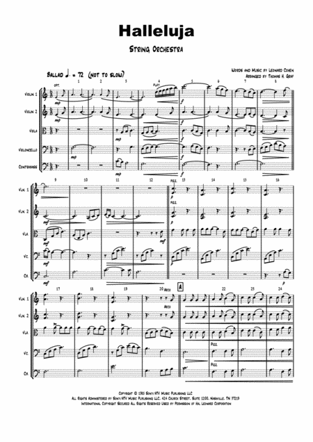 Halleluja Sophisticated Arrangement Of Cohens Classic String Orchestra Sheet Music