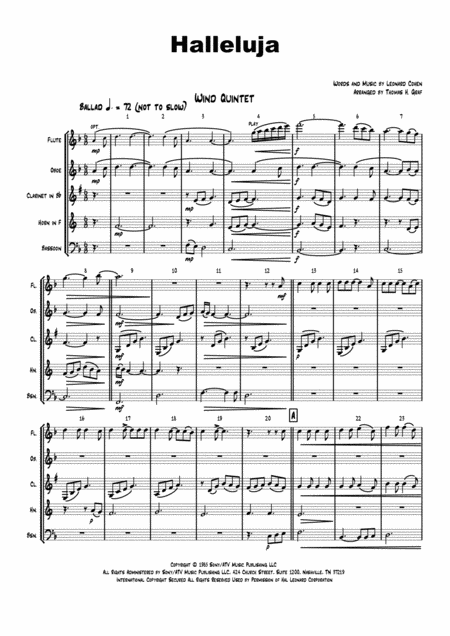 Free Sheet Music Halleluja Sophisticated Arrangement Of Cohens Classic Wind Quintet