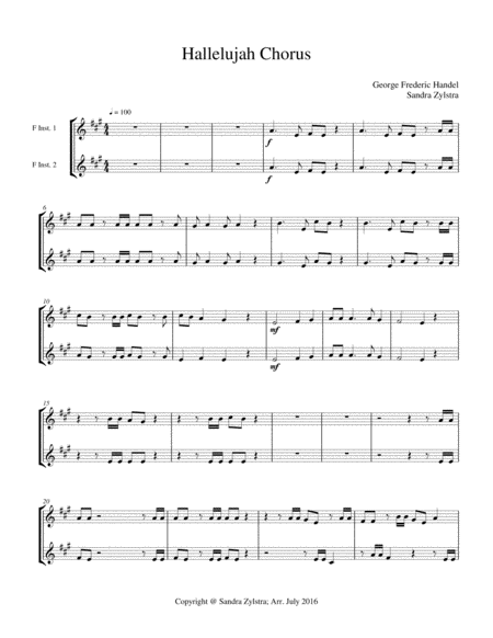 Hallelujah Chorus Treble F Instrument Duet Parts Only Sheet Music