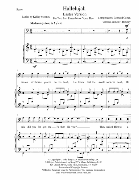 Free Sheet Music Hallelujah Easter Version 2 Part Bass Clef Voices
