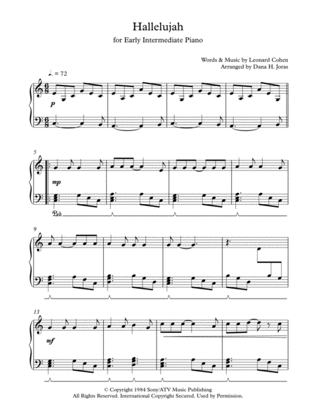 Hallelujah For Early Intermediate Piano Sheet Music