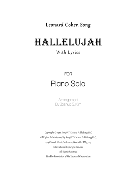 Free Sheet Music Hallelujah For Solo Piano With Lyrics