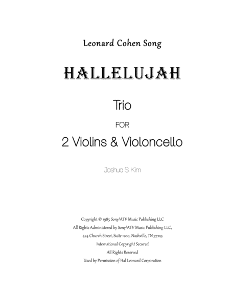 Hallelujah For String Trio 2 Violins Cello Sheet Music