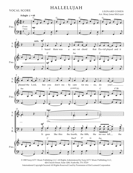 Free Sheet Music Hallelujah Fors At B Piano Arranged As Sung By Leonard Cohen