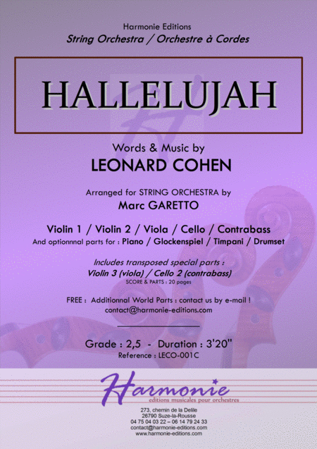 Hallelujah Leonard Cohen Arranged For String Orchestra Optionnal Percussions By Marc Garetto Sheet Music