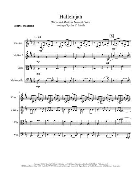 Hallelujah Leonard Cohen Joyful Arrangement For String Quartet Sheet Music