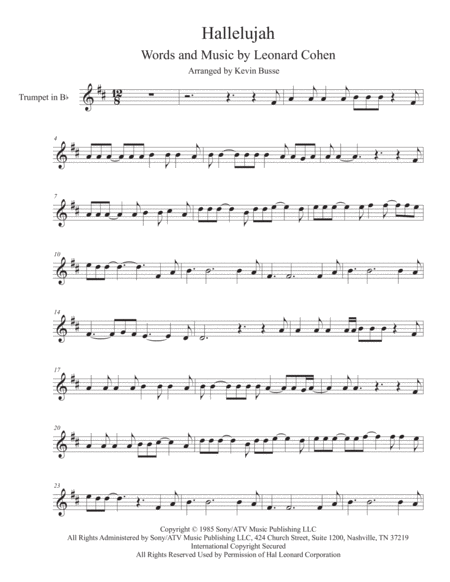 Free Sheet Music Hallelujah Original Key Trumpet