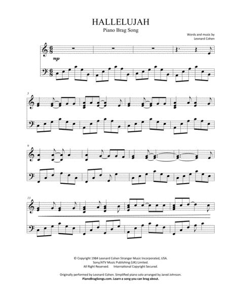 Free Sheet Music Hallelujah Short Piano Solo