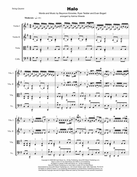 Halo Beyonce For String Quartet Sheet Music