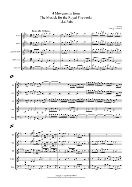 Handel 4 Movements From The Musick For The Royal Fireworks Wind Quintet Sheet Music