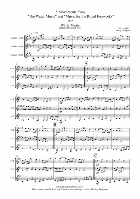 Handel 5 Movements From The Water Music And Royal Fireworks Music Clarinet Trio Sheet Music