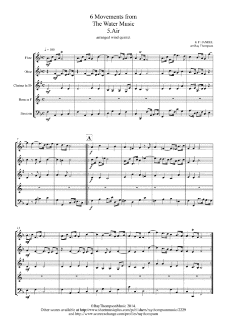 Handel 6 Movements From The Water Music Wassermusik Wind Quintet Sheet Music