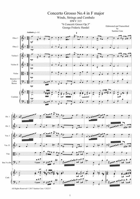 Handel Concerto Grosso No 4 In F Major Op 3 Hwv 315 For Winds Strings And Cembalo Score And Parts Sheet Music