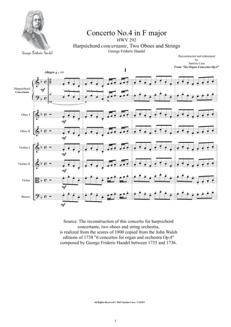 Handel Concerto No 4 In F Major Hwv 292 Op 4 For Harpsichord Winds And Strings Sheet Music