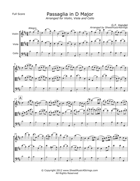 Handel G Passaglia For Violin Viola And Cello Sheet Music