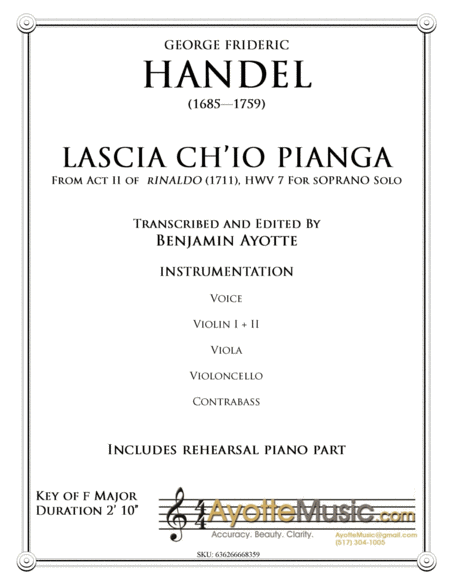 Handel Lascia Ch Io Pianga From Act Ii Of Rinaldo Score And Orchestral Parts Sheet Music