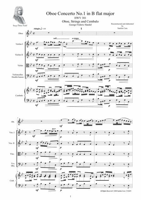 Free Sheet Music Handel Oboe Concerto No 1 In B Flat Major Hwv 301 For Oboe Strings And Cembalo