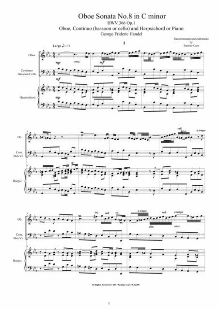 Free Sheet Music Handel Oboe Sonata No 8 In C Minor Hwv 366 Op 1 For Oboe Continuo And Harpsichord Or Piano