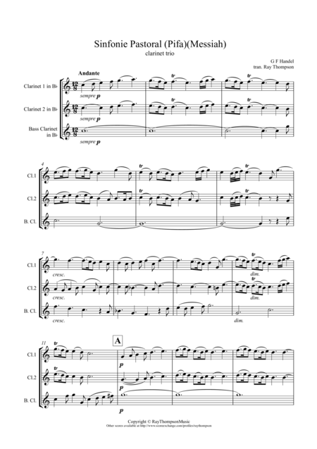 Handel Sinfonie Pastoral Pastoral Symphony Pifa From The Messiah Der Messias Clarinet Trio Sheet Music