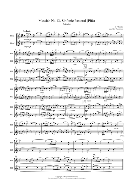 Handel Sinfonie Pastoral Pastoral Symphony Pifa From The Messiah Der Messias Flute Duet Sheet Music