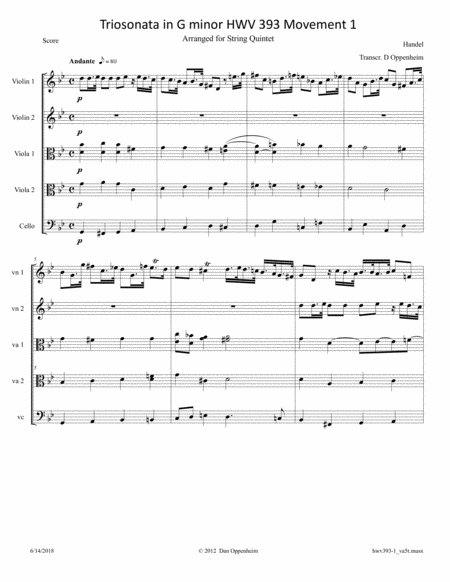 Handel Triosonata In G Minor Hwv 393 Movement 1 Arranged For 2 Viola Quintet Sheet Music