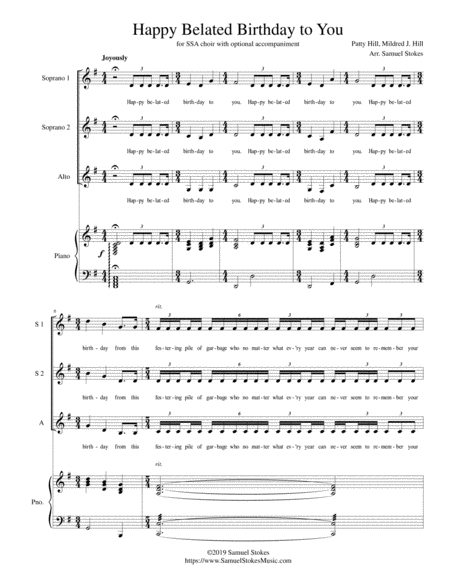 Happy Belated Birthday To You For Ssa Choir With Optional Piano Accompaniment Sheet Music