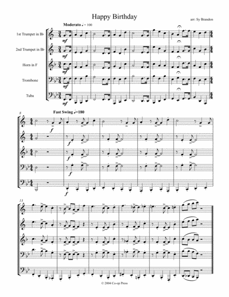 Happy Birthday For Brass Quintet Sheet Music