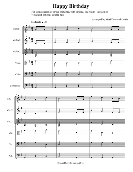 Free Sheet Music Happy Birthday For String Quartet Or String Orchestra Opt 3rd Violin And Double Bass