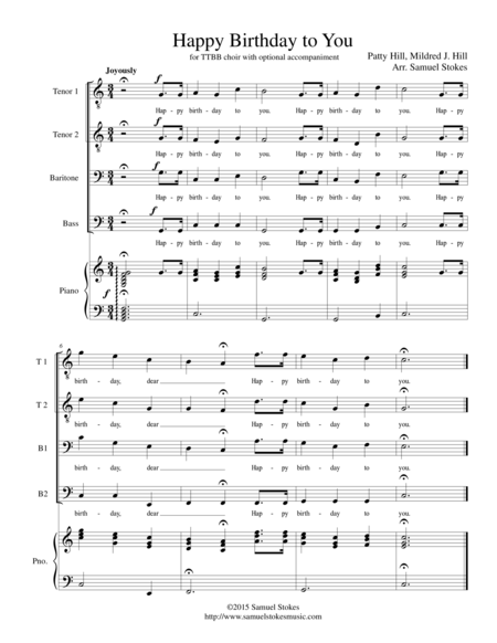 Happy Birthday To You For Ttbb Choir With Optional Accompaniment Sheet Music