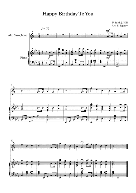 Free Sheet Music Happy Birthday To You Patty Mildred J Hill For Alto Saxophone Piano