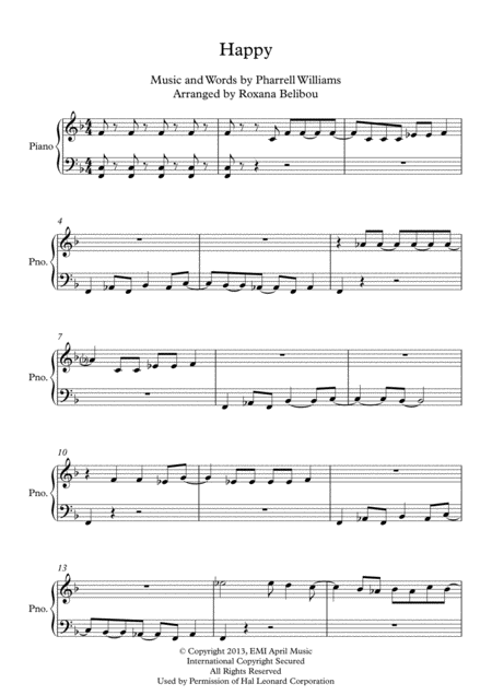 Happy By Pharrell Williams Easy Piano Sheet Music